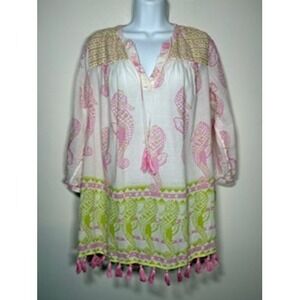 Crown &‎ Ivy Swimsuit Coverup Tunic  XS White Pink Green Tassel Coastal Beach